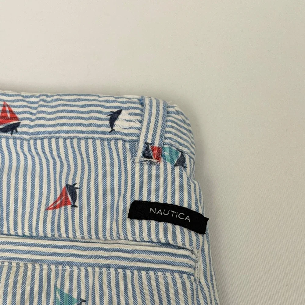 Nautica Boys 3T Blue White Striped Sailboat Print Chino Shorts Adjustable Waist
